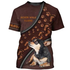 3D Dog T Shirts, Chihuahua Never Walk Alone Children's Footprints All Over Print T-Shirt, Gift For Pet Loves