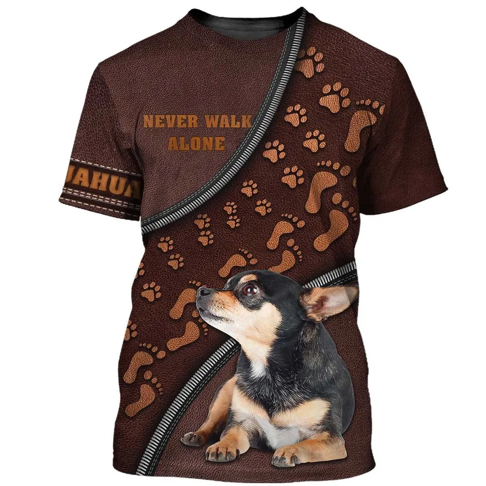 3D Dog T Shirts, Chihuahua Never Walk Alone Children's Footprints All Over Print T-Shirt, Gift For Pet Loves
