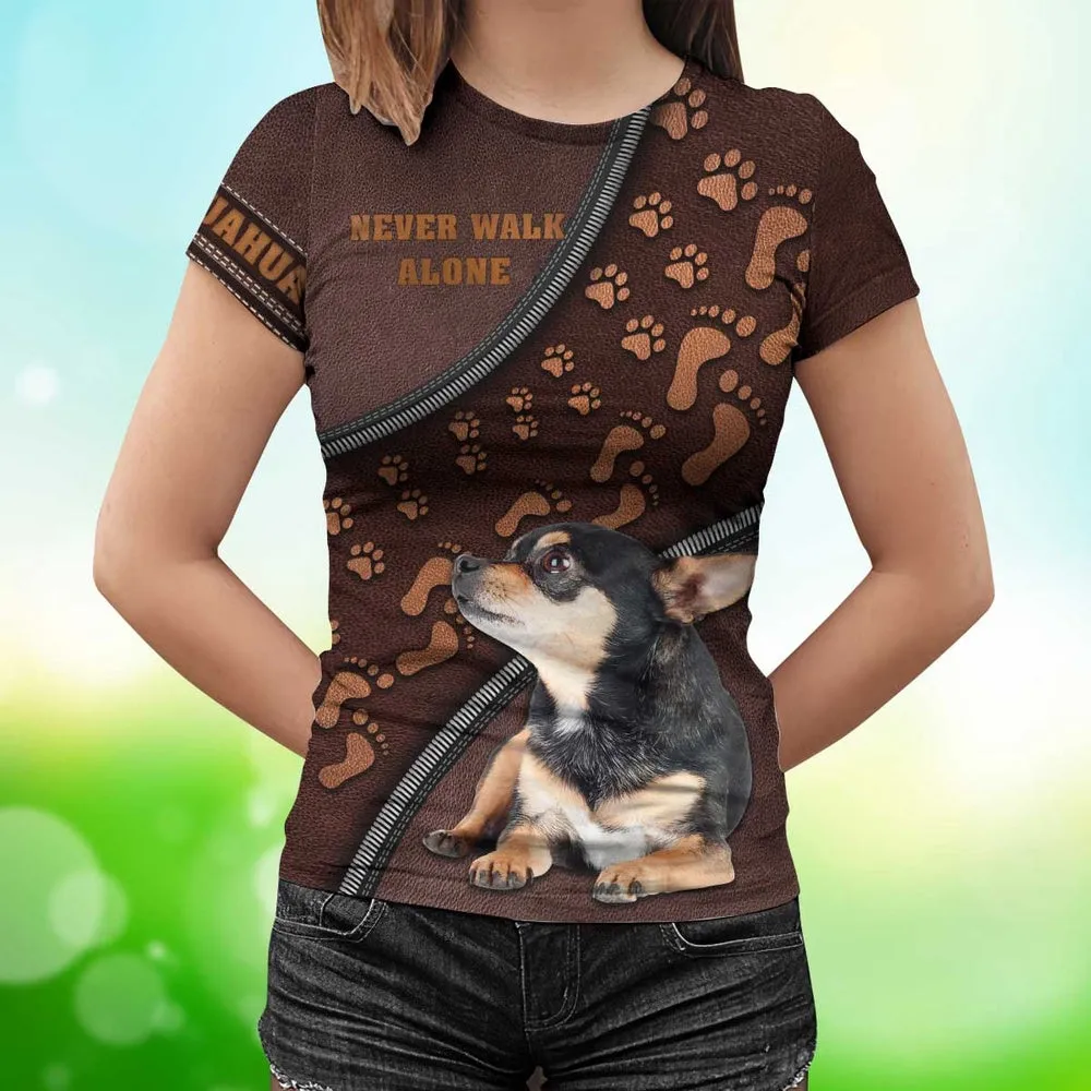 3D Dog T Shirts, Chihuahua Never Walk Alone Children's Footprints All Over Print T-Shirt, Gift For Pet Loves