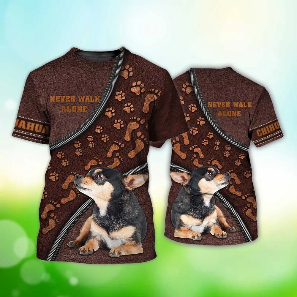 3D Dog T Shirts, Chihuahua Never Walk Alone Children's Footprints All Over Print T-Shirt, Gift For Pet Loves