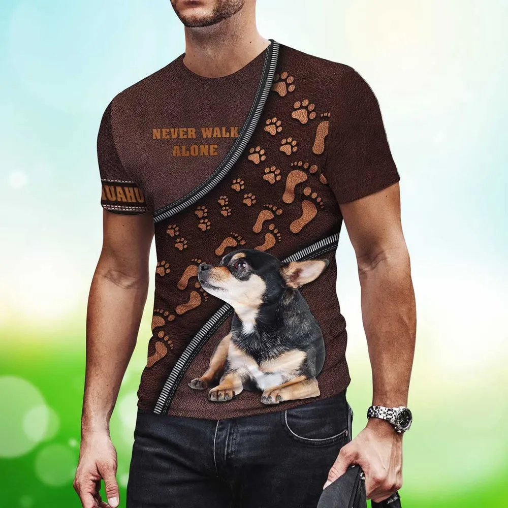 3D Dog T Shirts, Chihuahua Never Walk Alone Children's Footprints All Over Print T-Shirt, Gift For Pet Loves