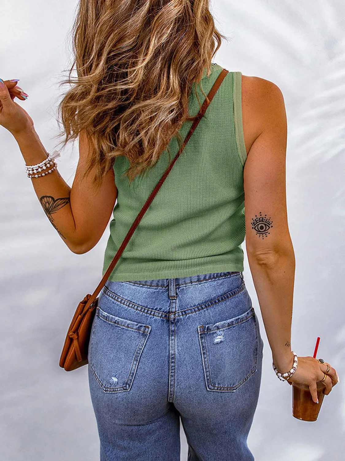 5 Waffle Knit Scoop Neck Tank Shirt (S - 2X)
