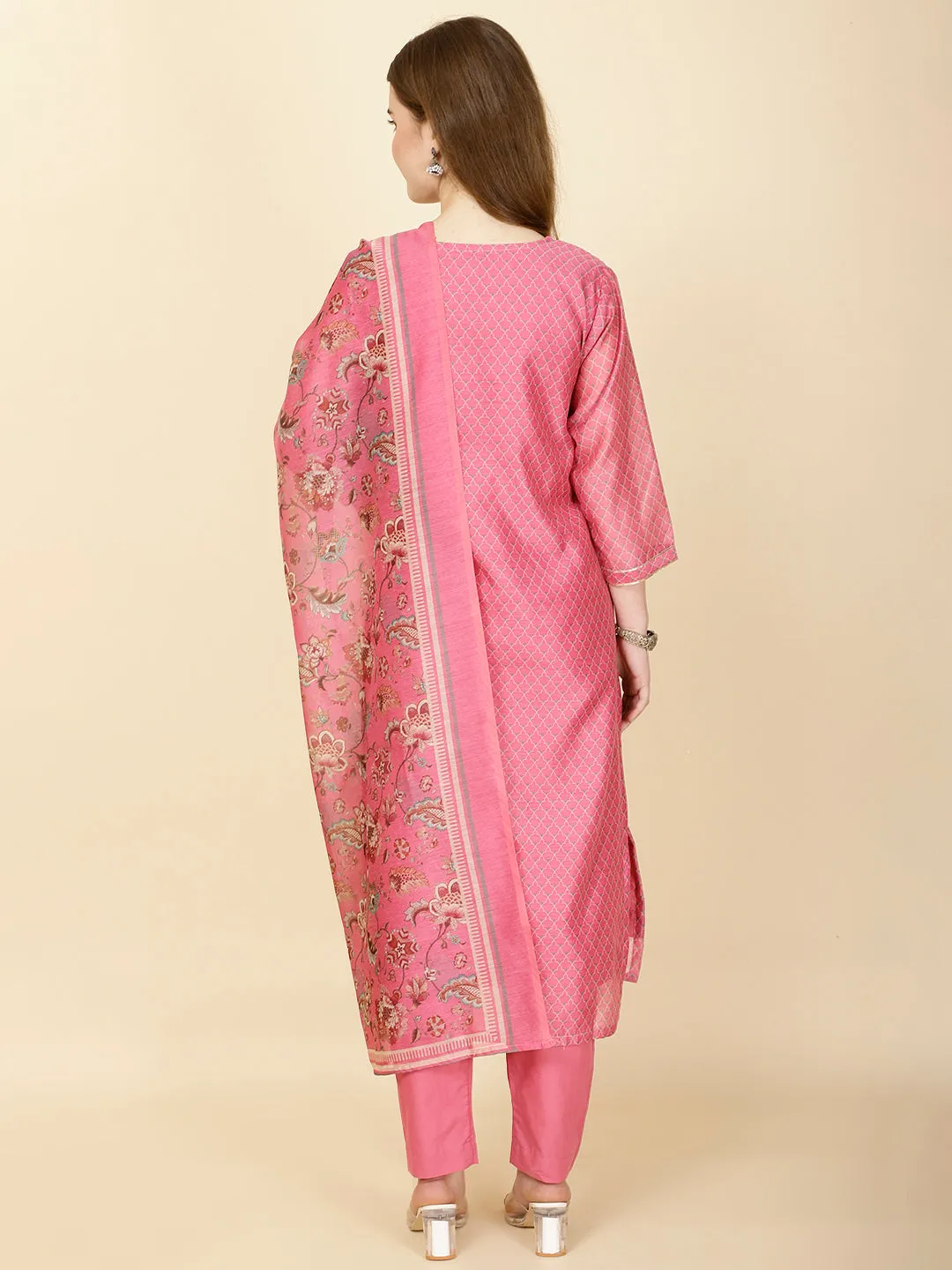 Abstract Print Chanderi Suit Set With Dupatta