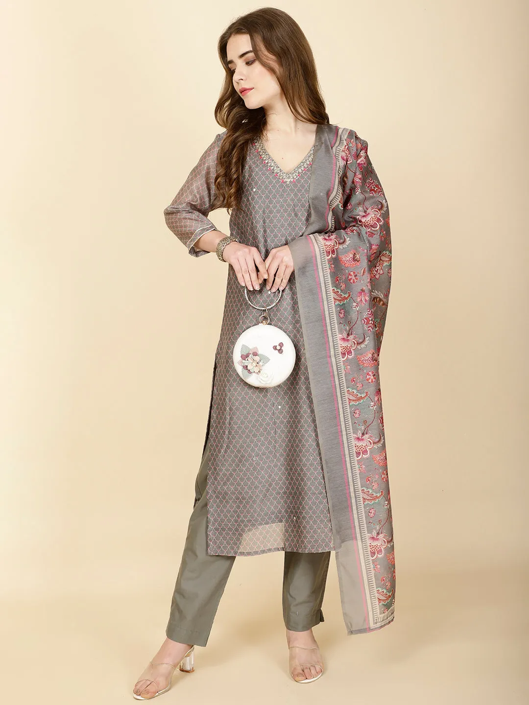 Abstract Print Chanderi Suit Set With Dupatta