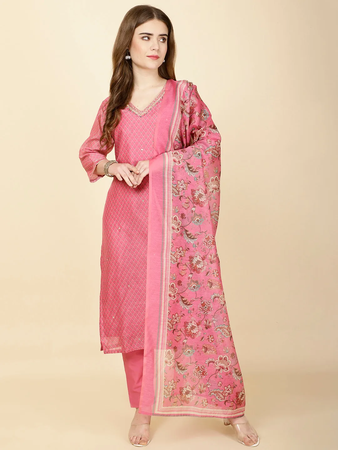 Abstract Print Chanderi Suit Set With Dupatta