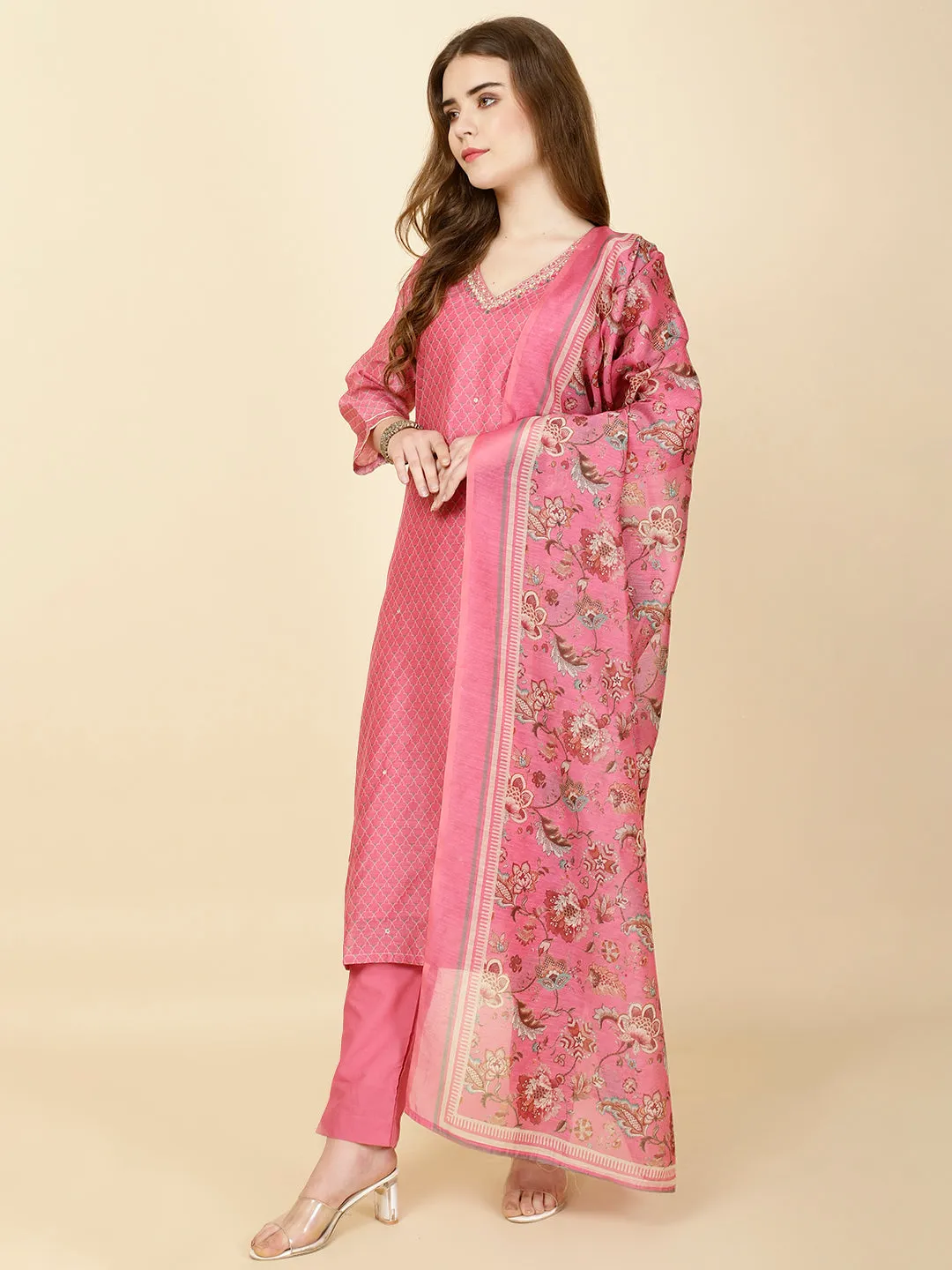 Abstract Print Chanderi Suit Set With Dupatta
