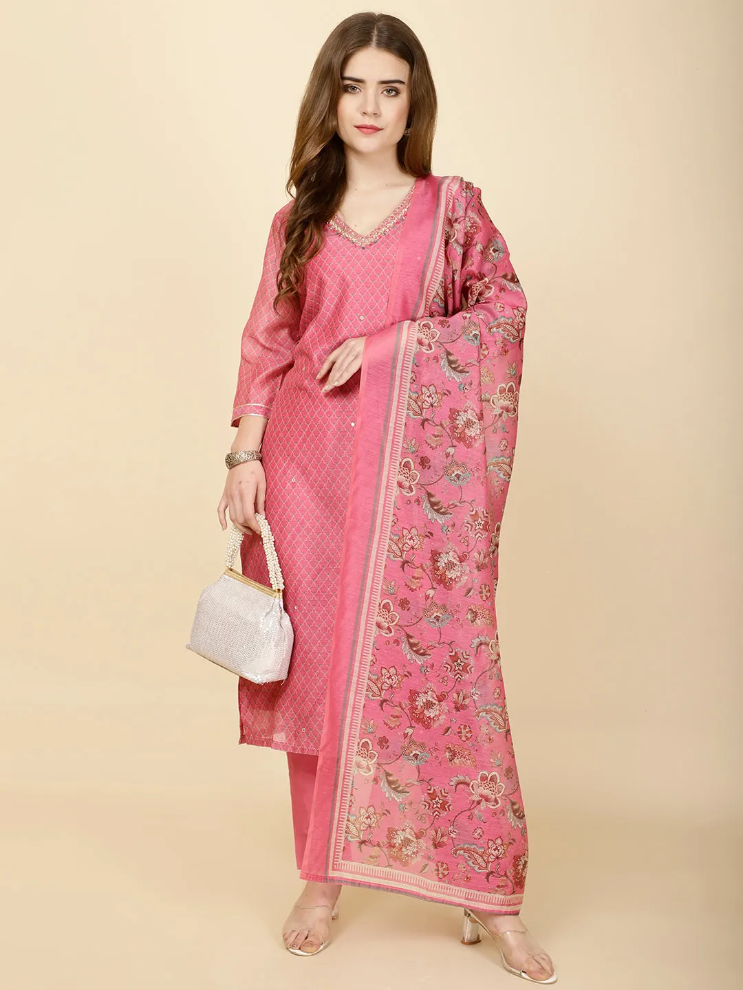 Abstract Print Chanderi Suit Set With Dupatta