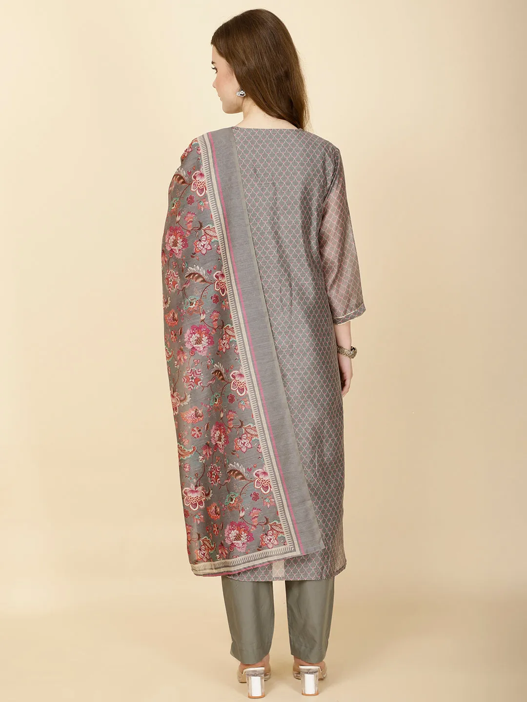 Abstract Print Chanderi Suit Set With Dupatta