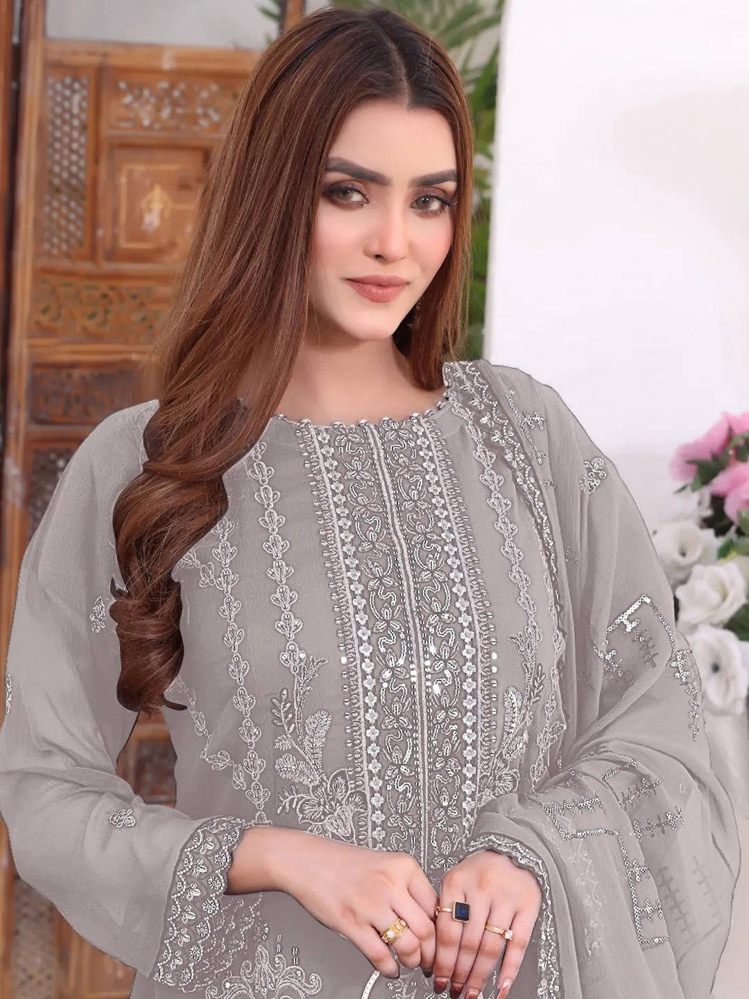 Beige Designer Georgette Semi-Stitched Pant Suit With Embroidery Work