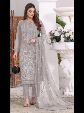 Beige Designer Georgette Semi-Stitched Pant Suit With Embroidery Work