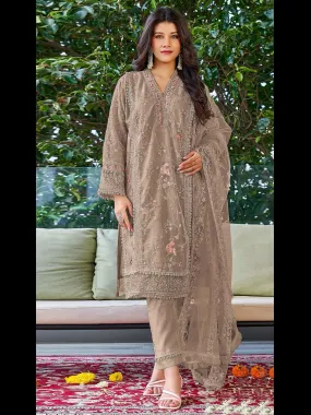 Beige Georgette Semi-Stitched Pant Suit With Embroidery Work