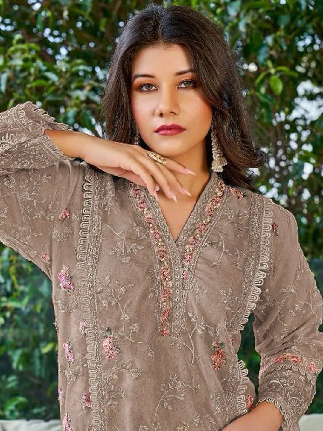 Beige Georgette Semi-Stitched Pant Suit With Embroidery Work
