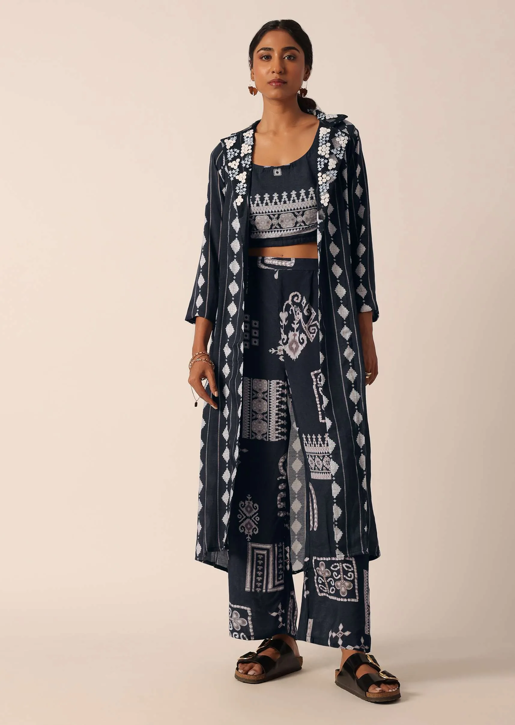 Black Printed Long Jacket And Pant Set In Cotton