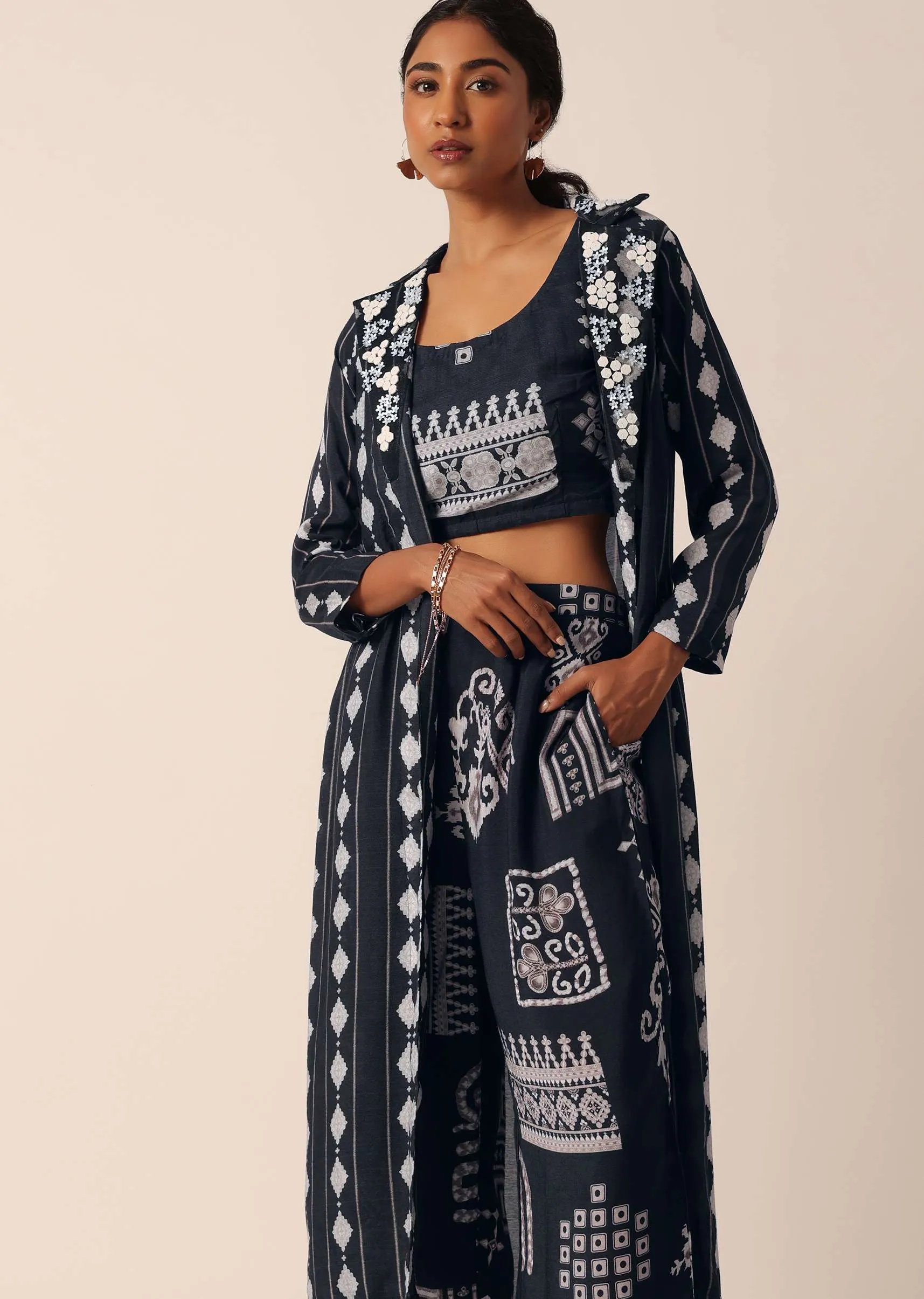 Black Printed Long Jacket And Pant Set In Cotton