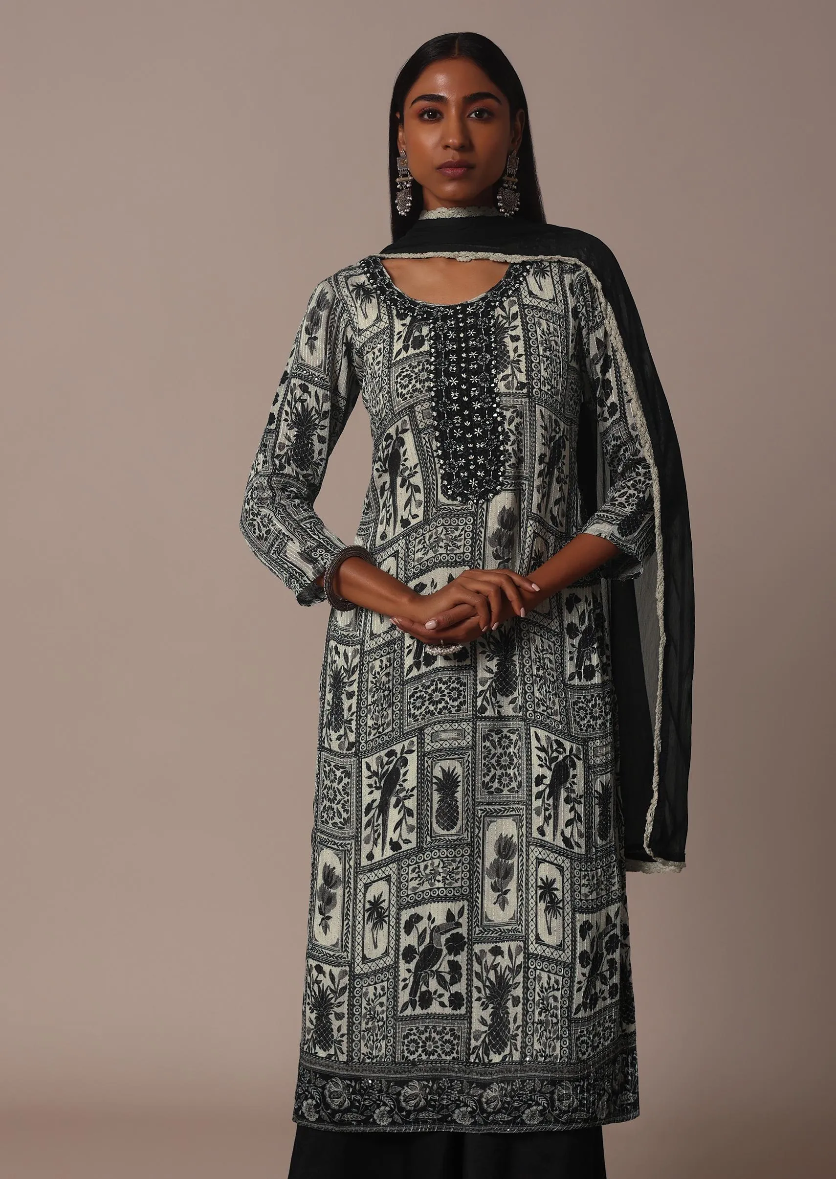Black Printed Palazzo Set In Chiffon With Mirror Work Kurta