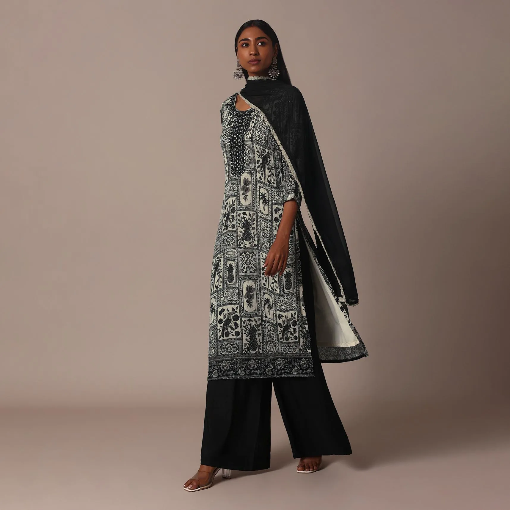 Black Printed Palazzo Set In Chiffon With Mirror Work Kurta