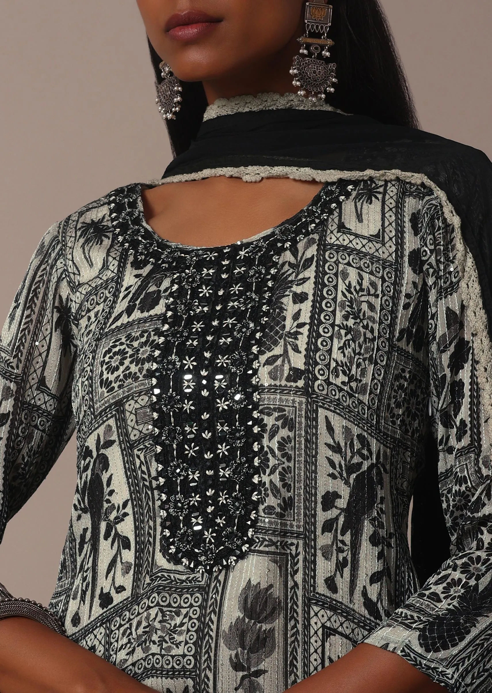 Black Printed Palazzo Set In Chiffon With Mirror Work Kurta