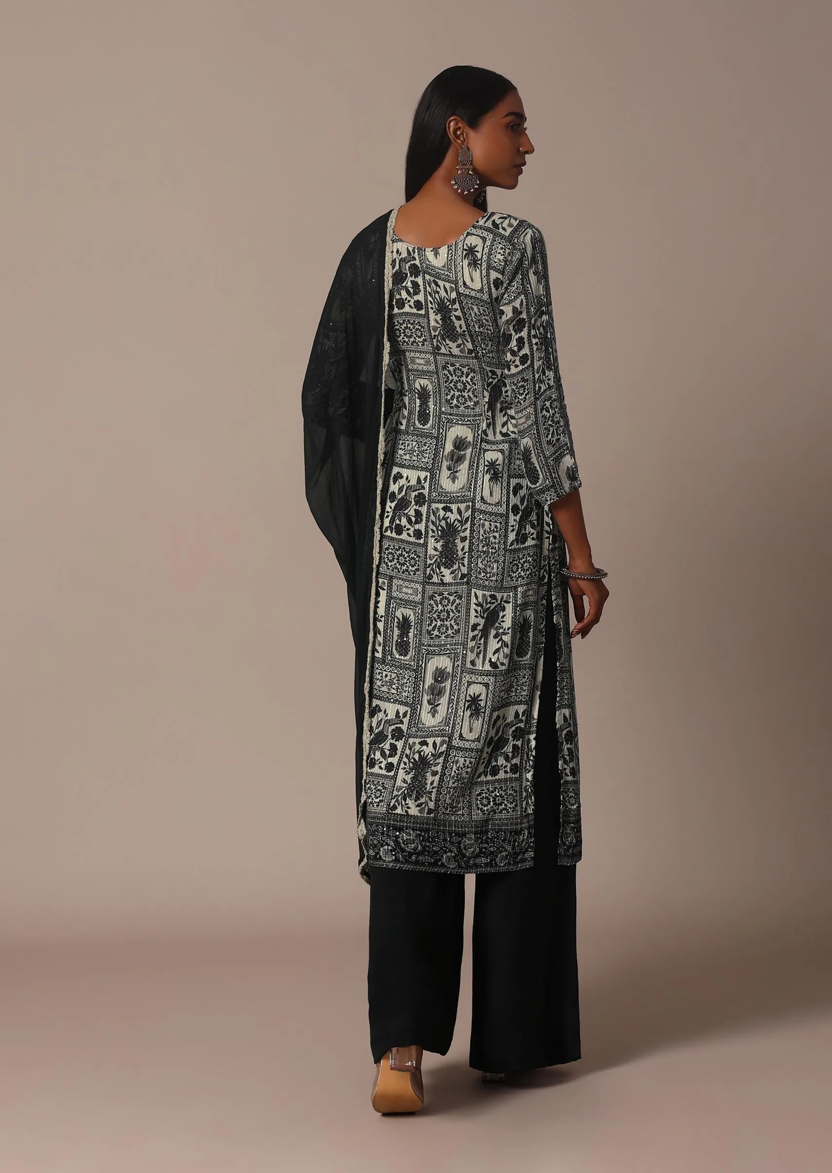 Black Printed Palazzo Set In Chiffon With Mirror Work Kurta