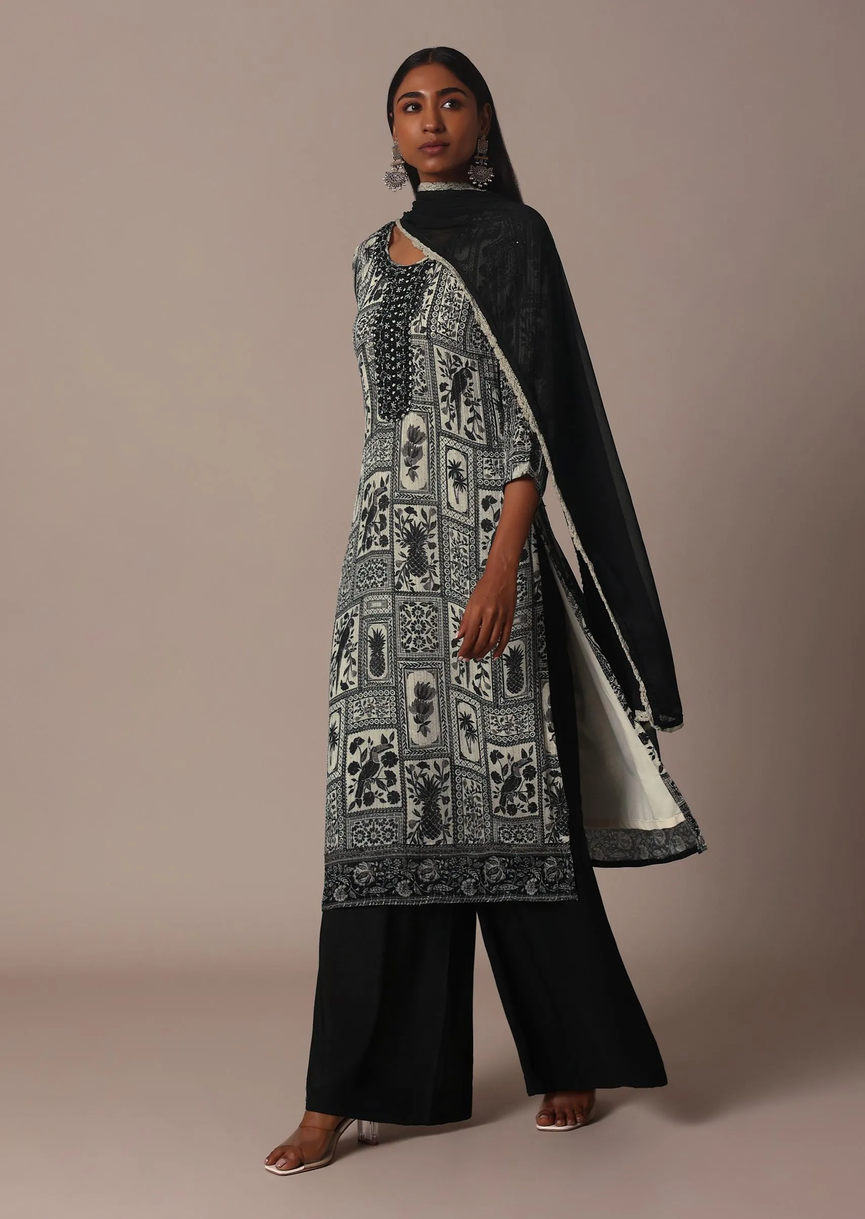 Black Printed Palazzo Set In Chiffon With Mirror Work Kurta