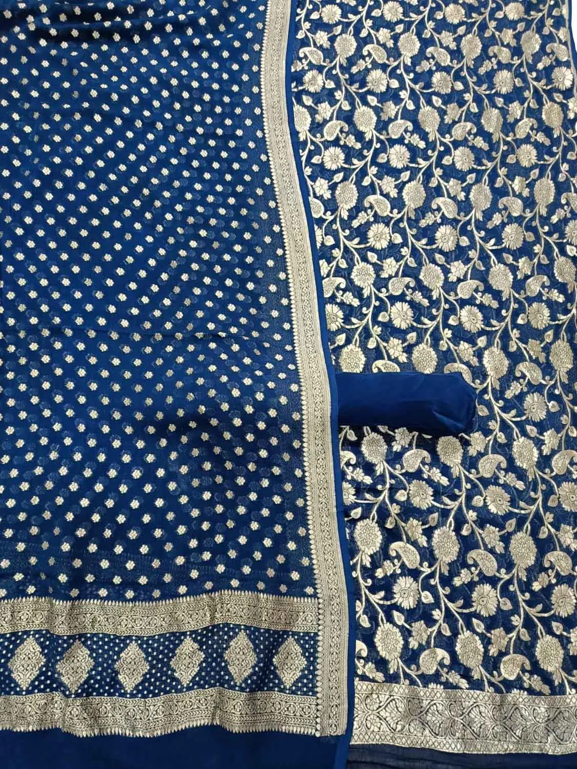 Blue Banarasi Pure Georgette Three Piece Unstitched Suit Set