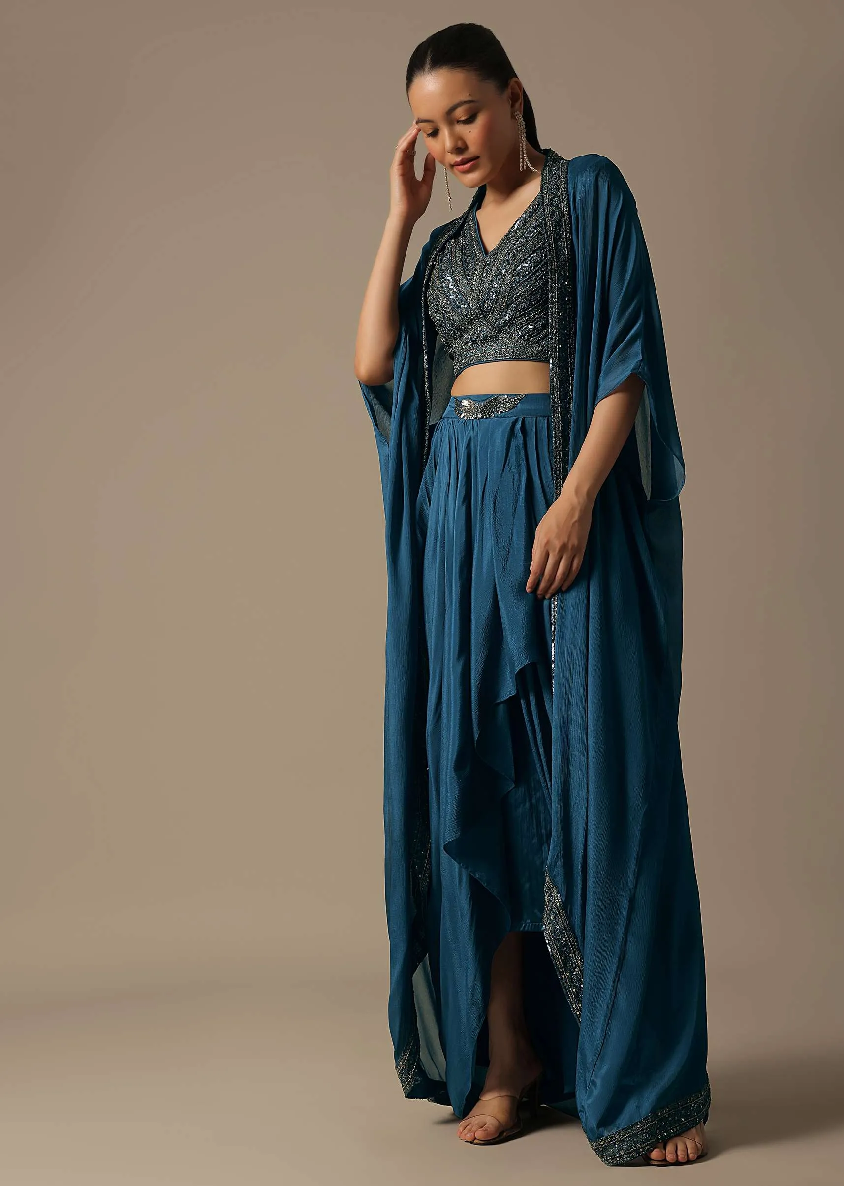Blue Indo Western Dhoti Set With Jacket