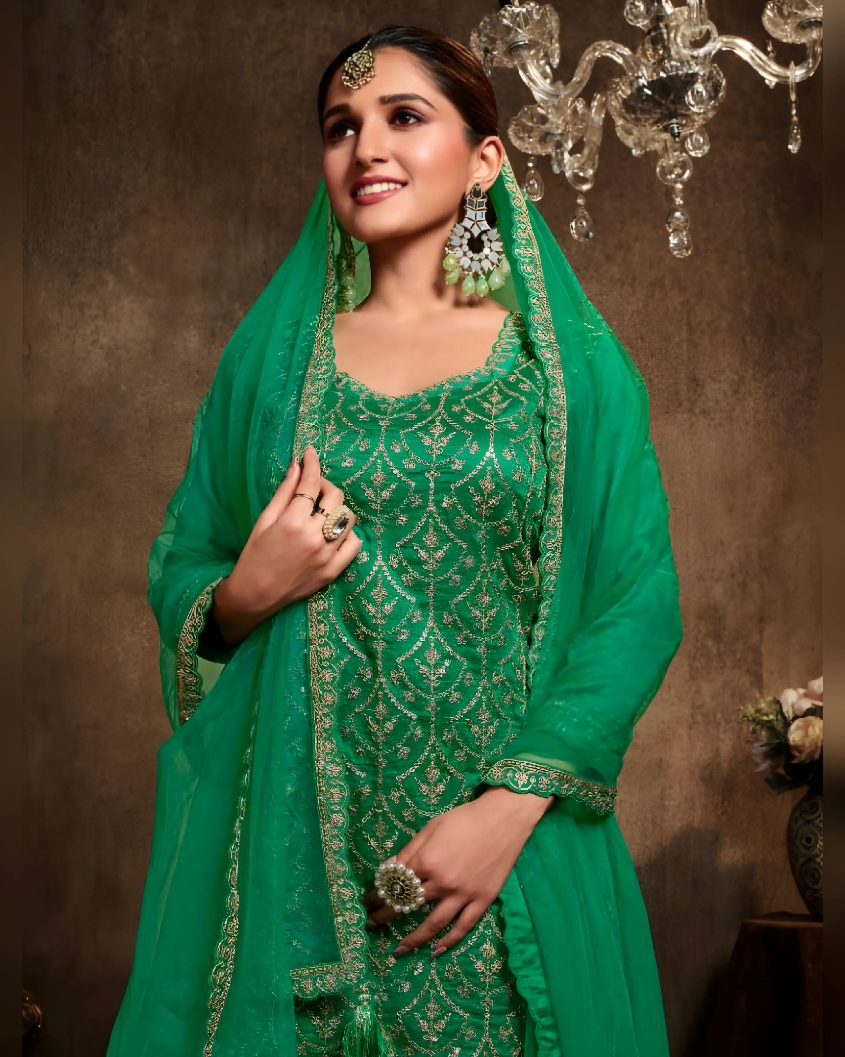 Chinon Silk Sequince Embroidered Salwar Suits Green