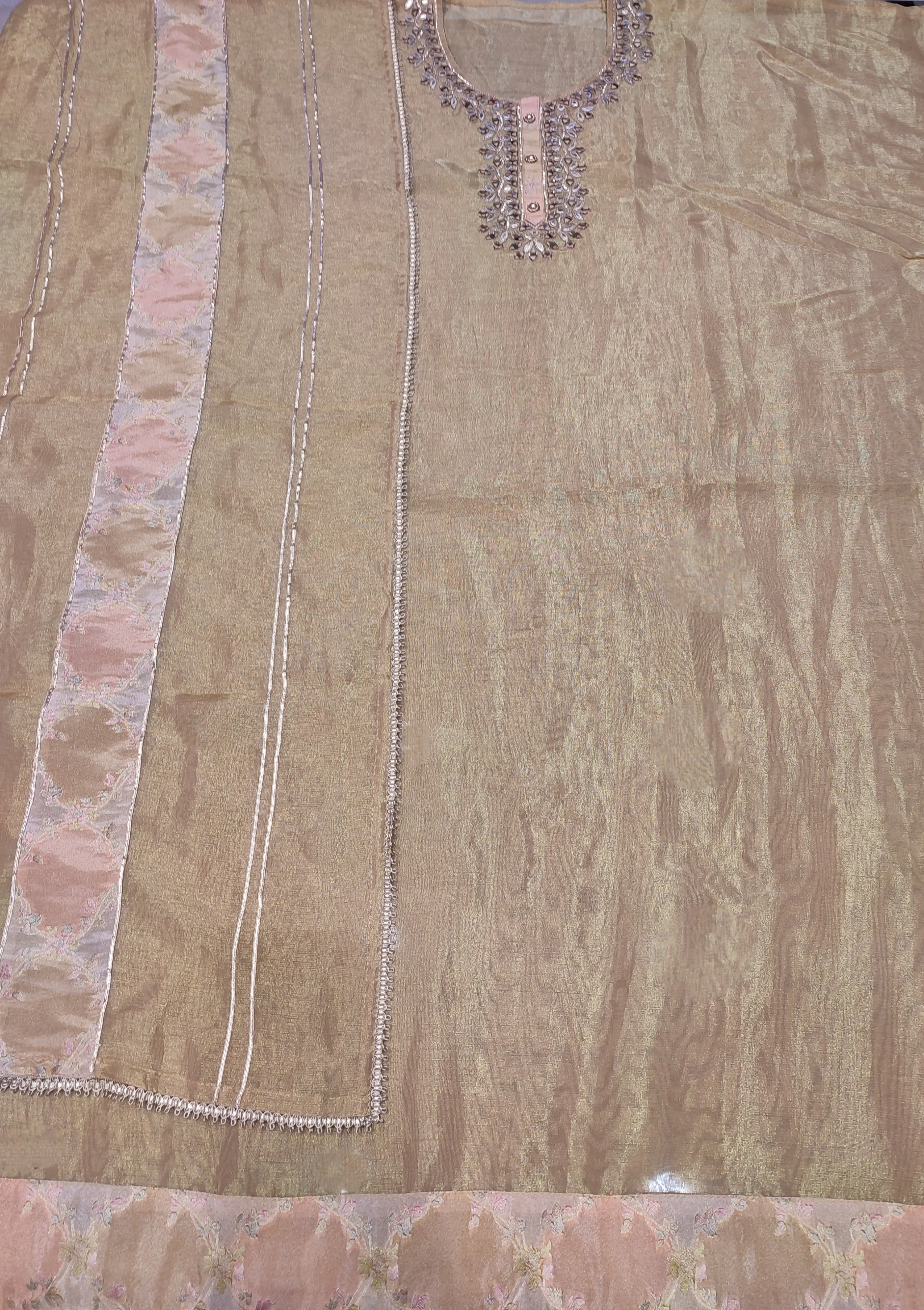 Golden Tissue Semi-Stitch Suit With Mirror Work