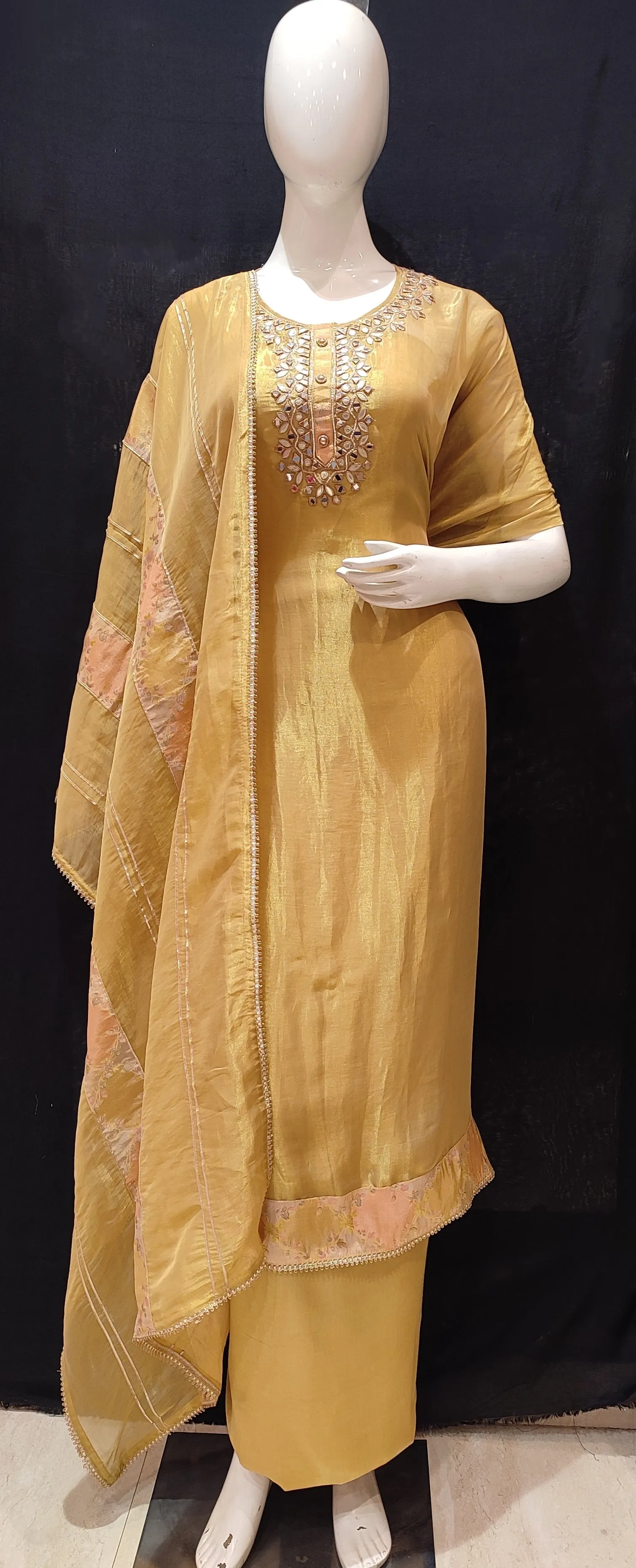 Golden Tissue Semi-Stitch Suit With Mirror Work