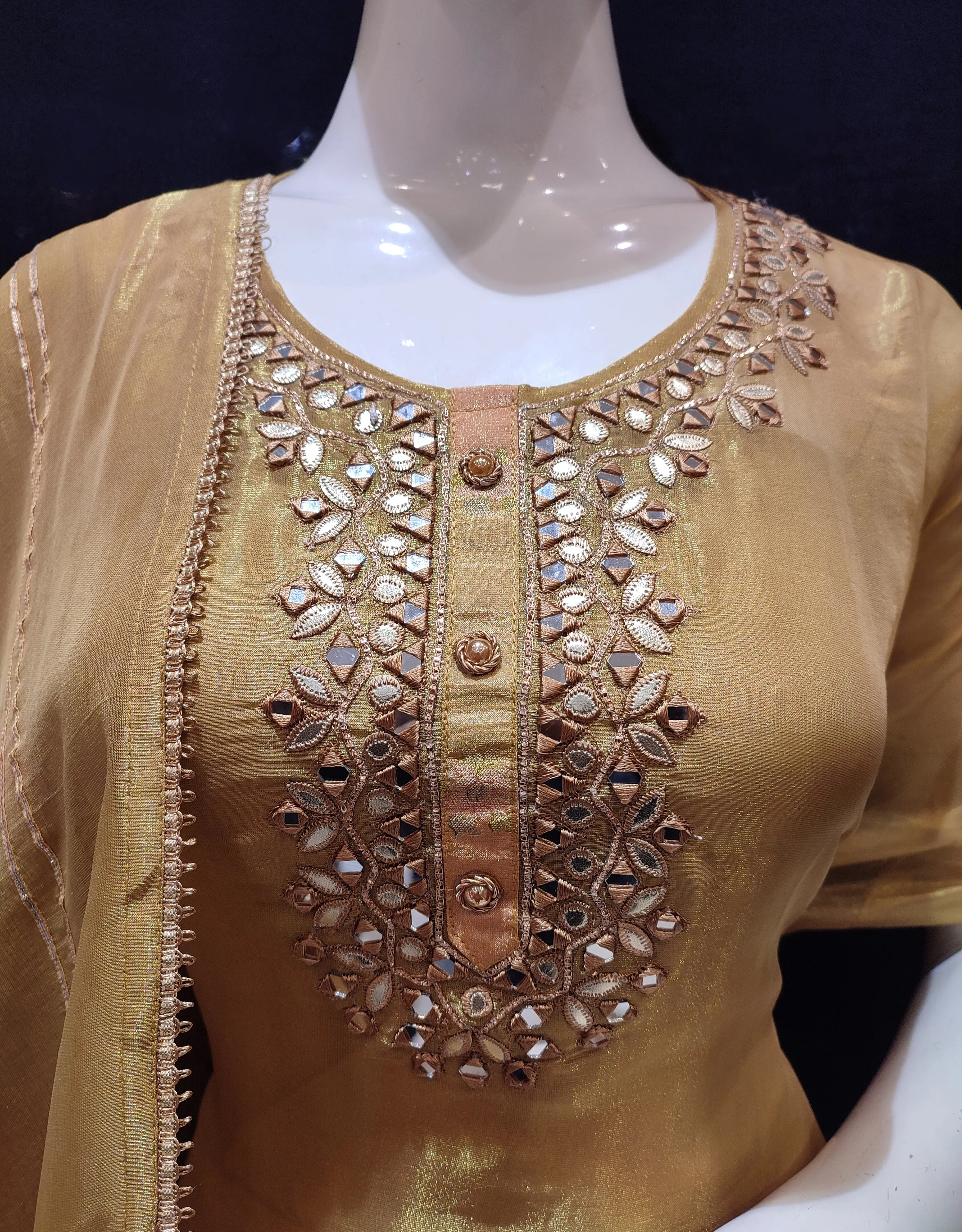 Golden Tissue Semi-Stitch Suit With Mirror Work