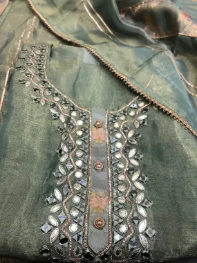 Green Tissue Semi-Stitch Suit With Mirror Work
