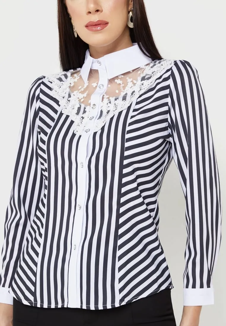Lace Panel Striped Shirt S4636618