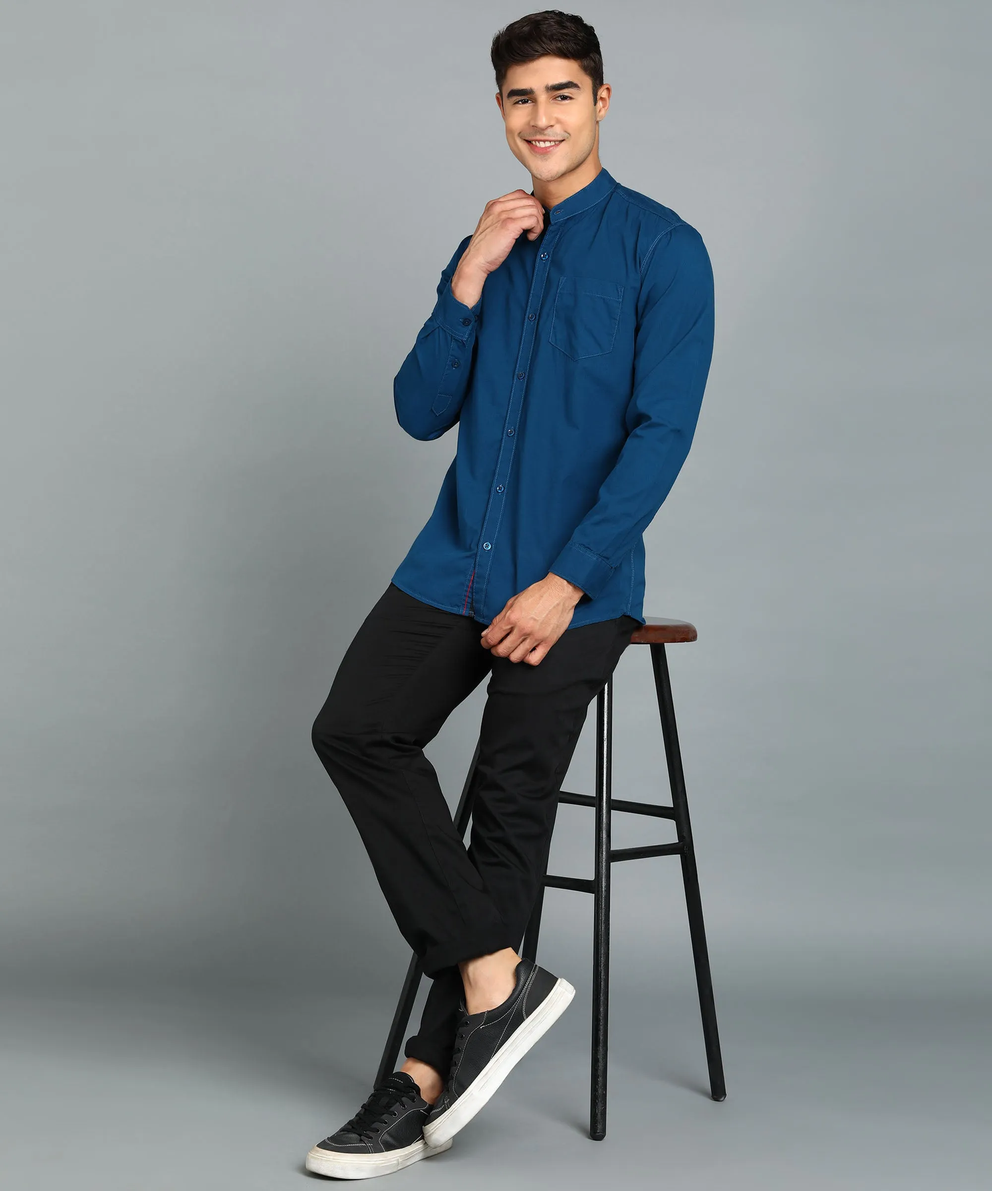 Men's Blue Cotton Full Sleeve Slim Fit Solid Shirt with Mandarin Collar