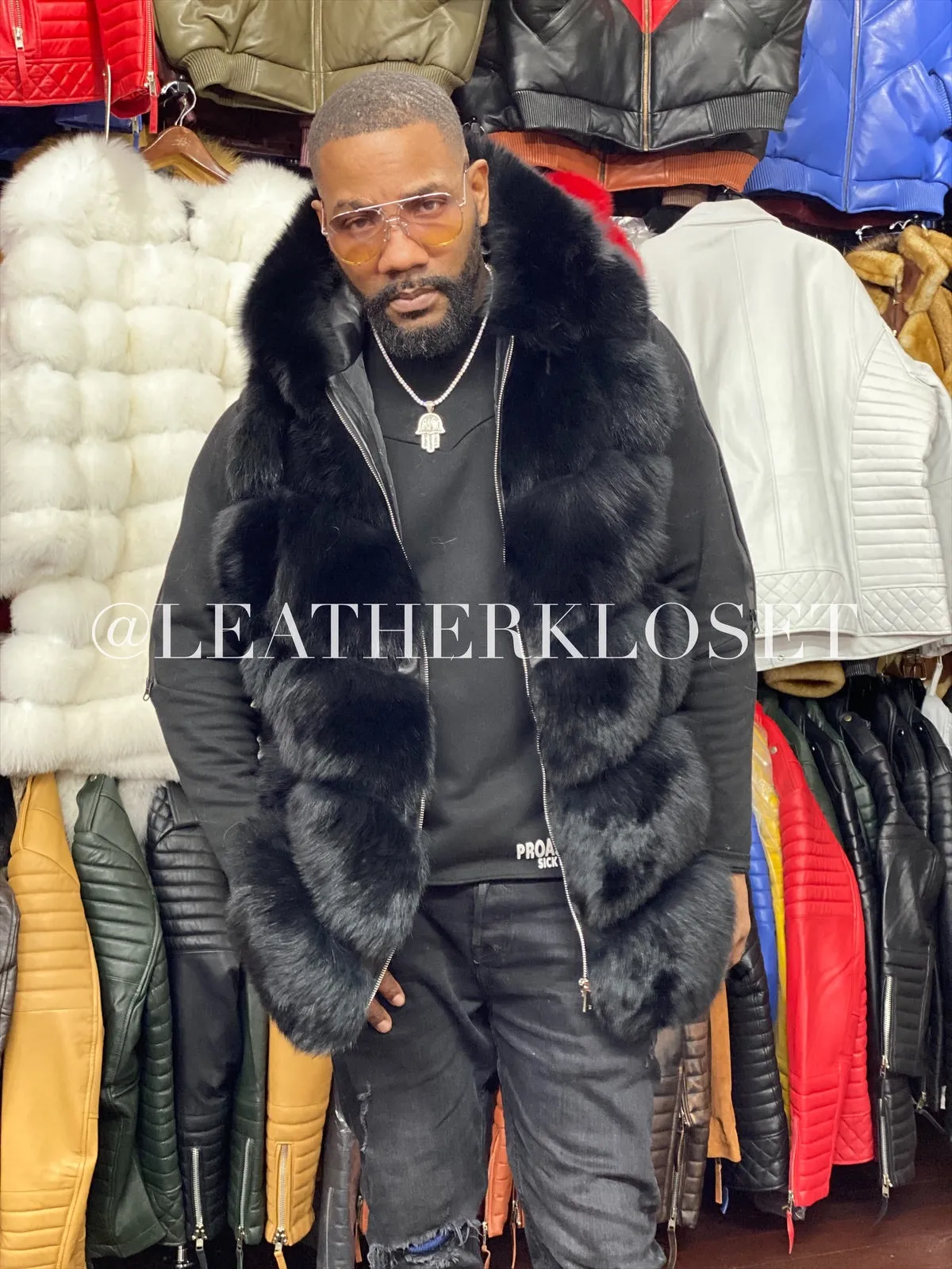Men's Fox Fur Vest Black With Hood