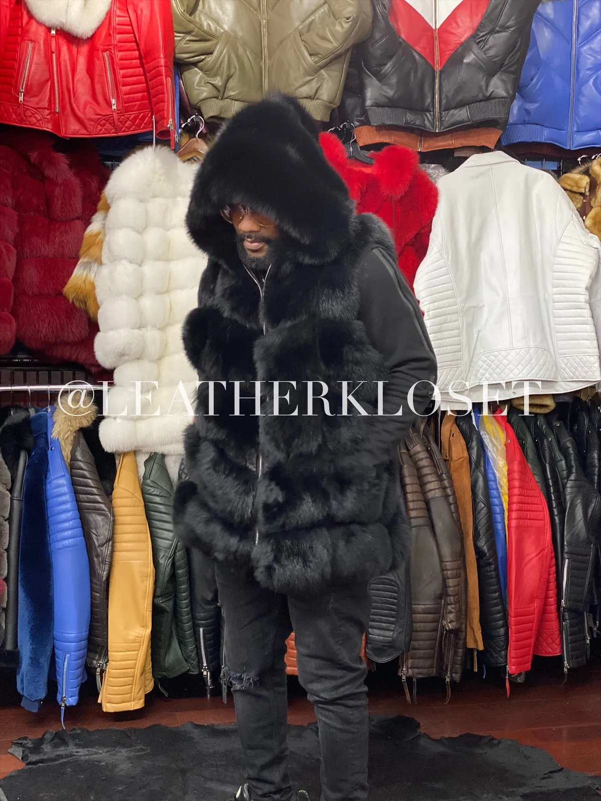 Men's Fox Fur Vest Black With Hood