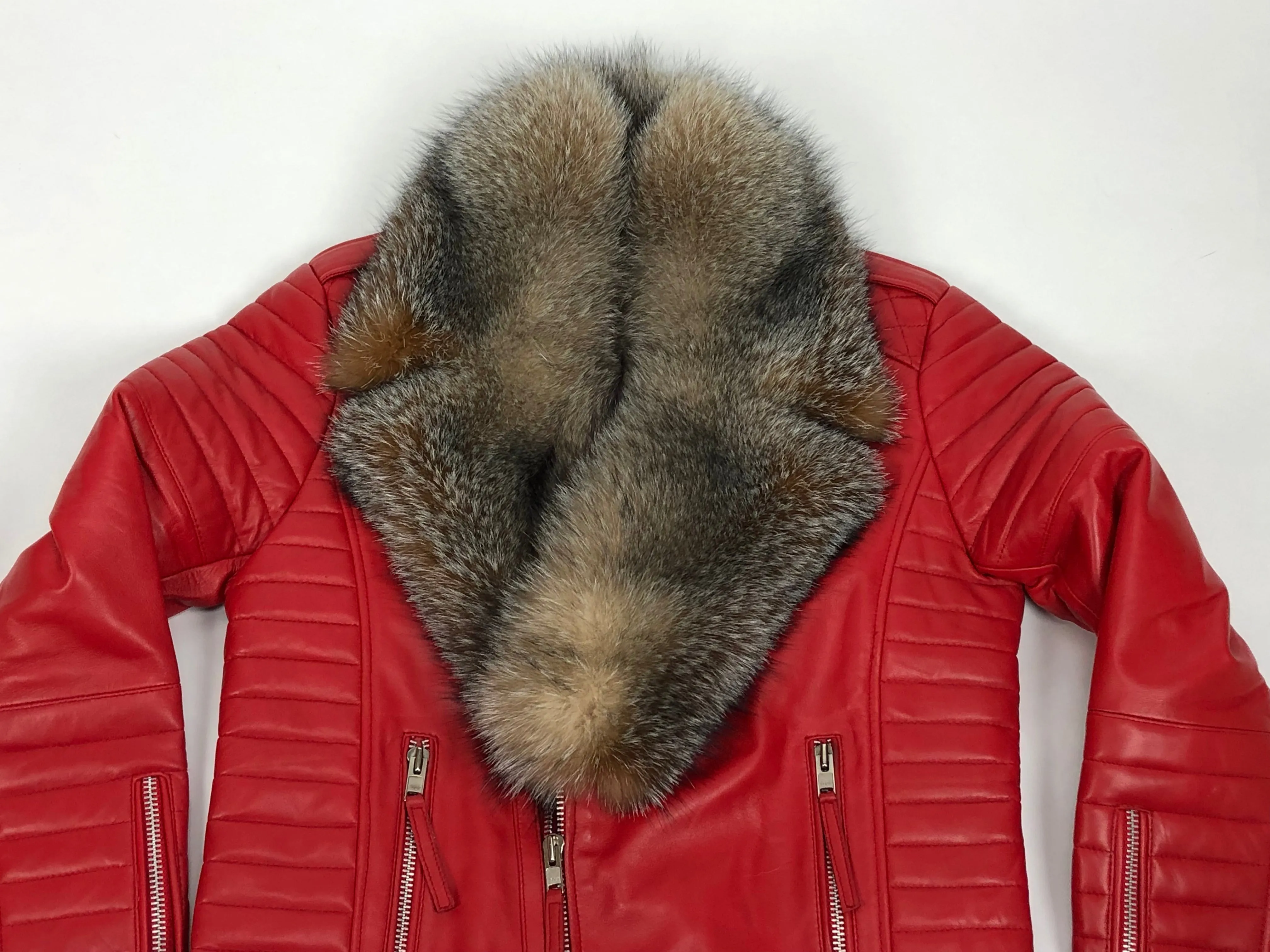 Men's Jay Biker Jacket Red With Full Crystal Fox Collar