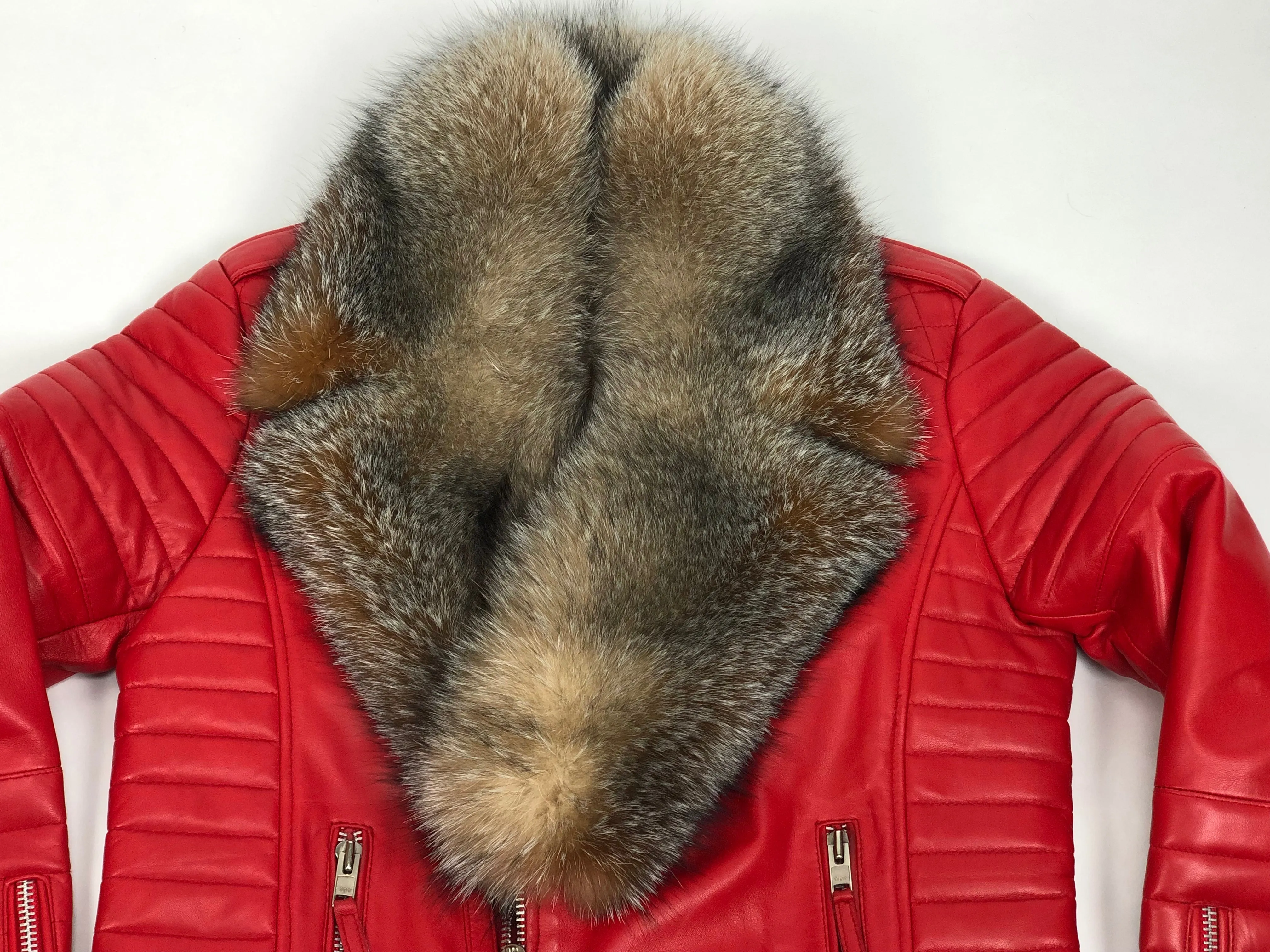 Men's Jay Biker Jacket Red With Full Crystal Fox Collar