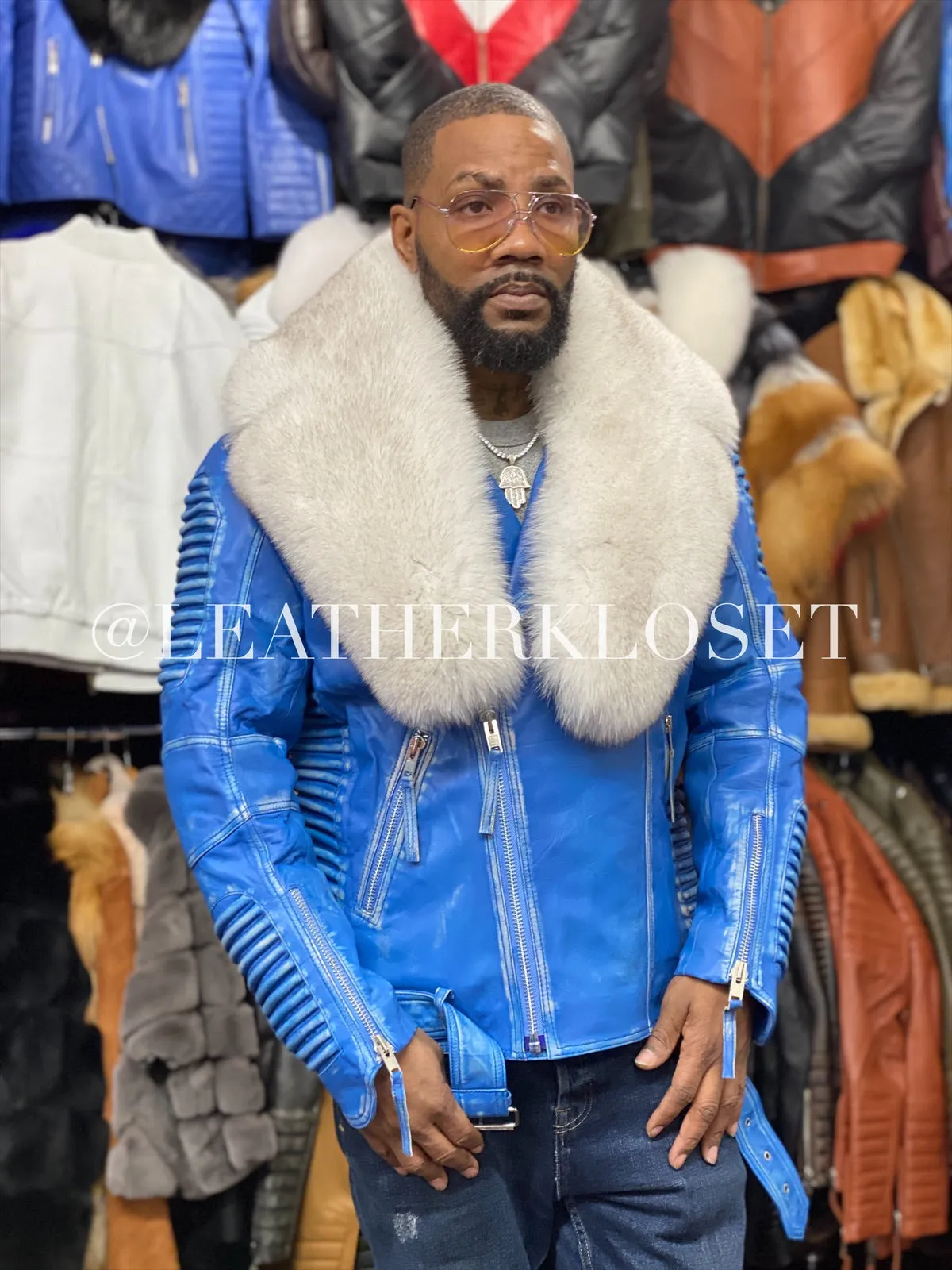Men's Trey Biker Distressed Leather Full Fox Fur Collar