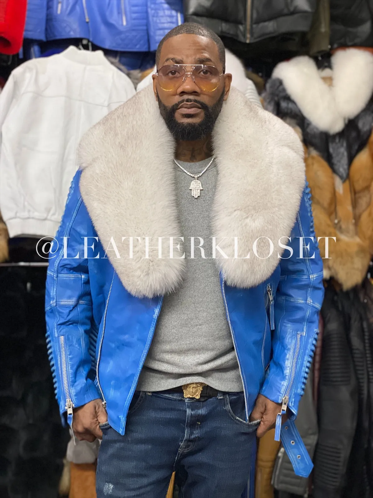 Men's Trey Biker Distressed Leather Full Fox Fur Collar
