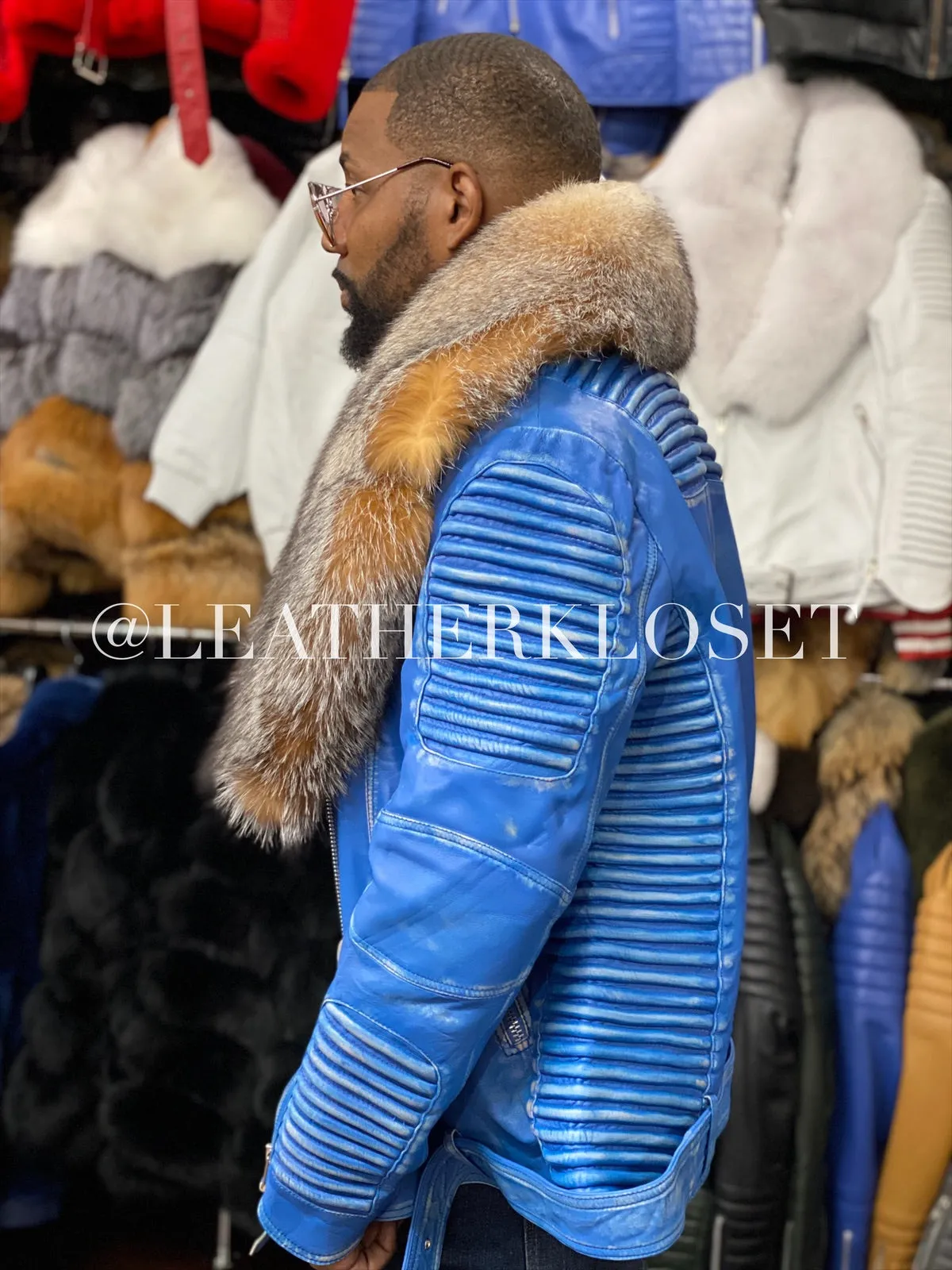 Men's Trey Biker Distressed Leather Full Fox Fur Collar