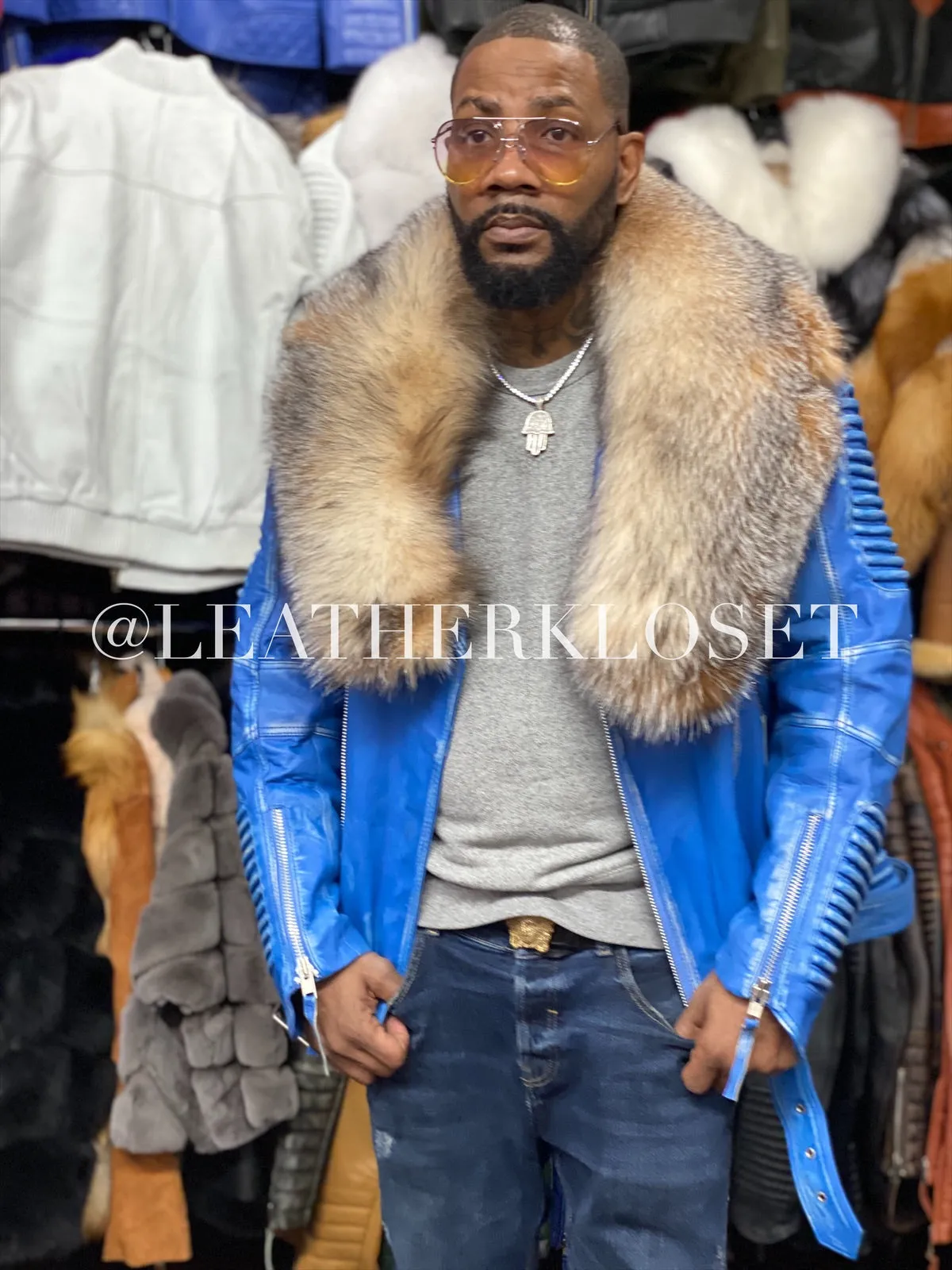 Men's Trey Biker Distressed Leather Full Fox Fur Collar