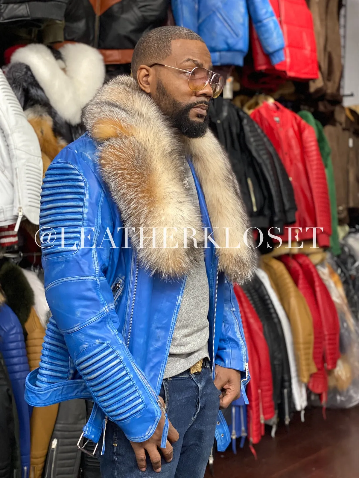 Men's Trey Biker Distressed Leather Full Fox Fur Collar