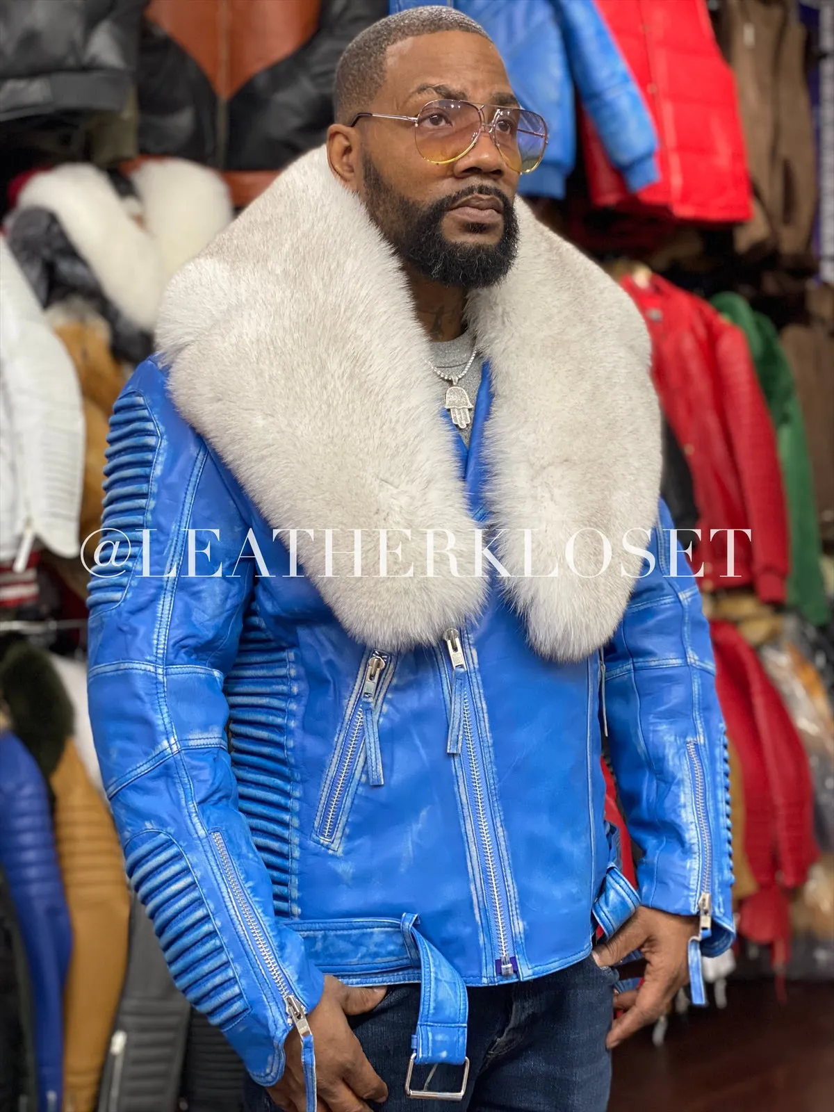 Men's Trey Biker Distressed Leather Full Fox Fur Collar