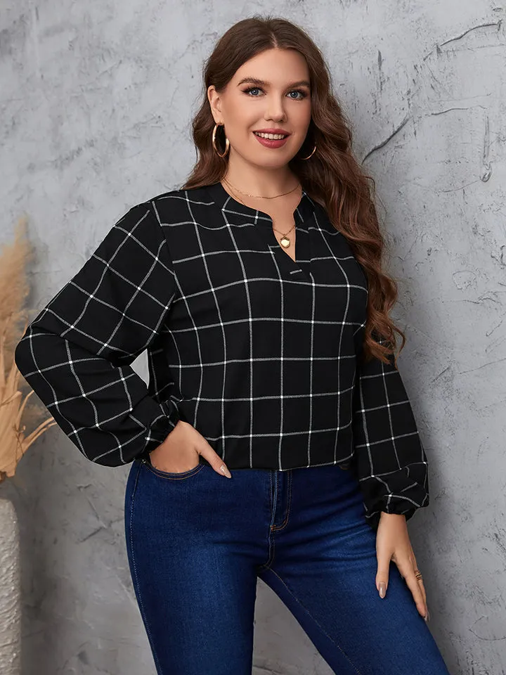 Notched Neck Long Sleeve Shirt ( 1XL - 4X)