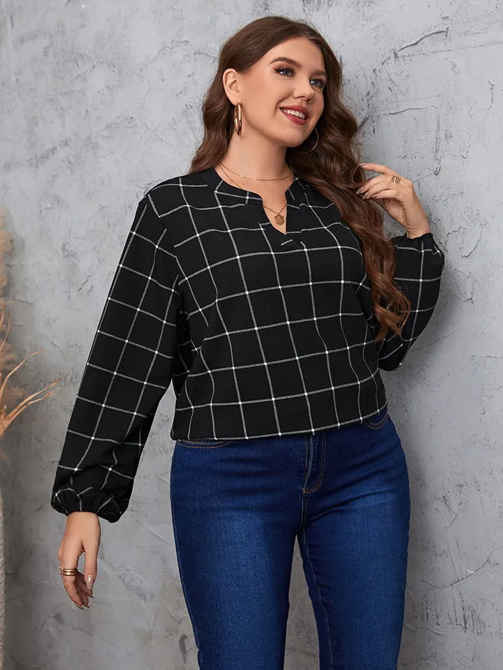 Notched Neck Long Sleeve Shirt ( 1XL - 4X)