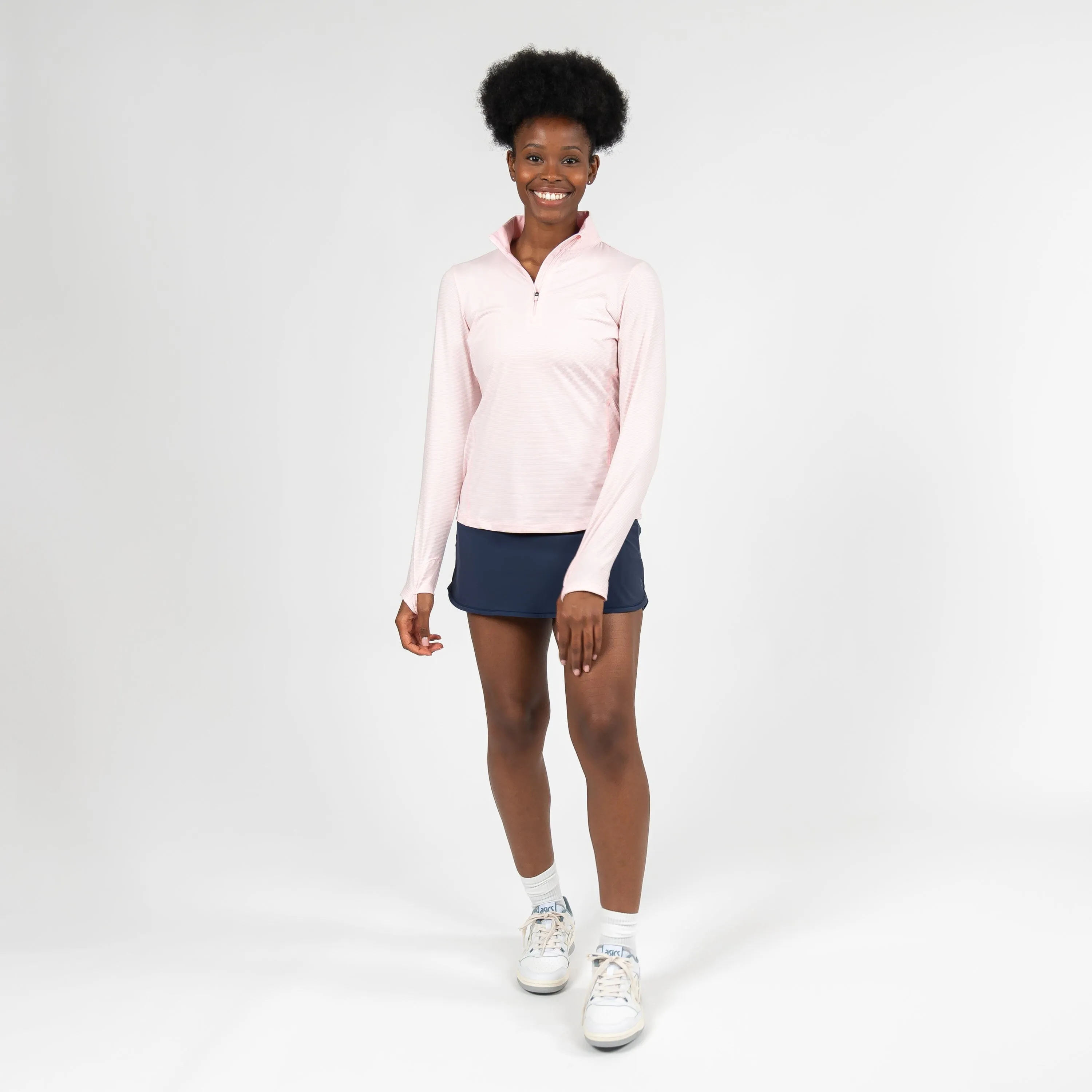 Riva Heather Stripe Performance Q-Zip | The Riva Heather Stripe - Flamingo Pink/White