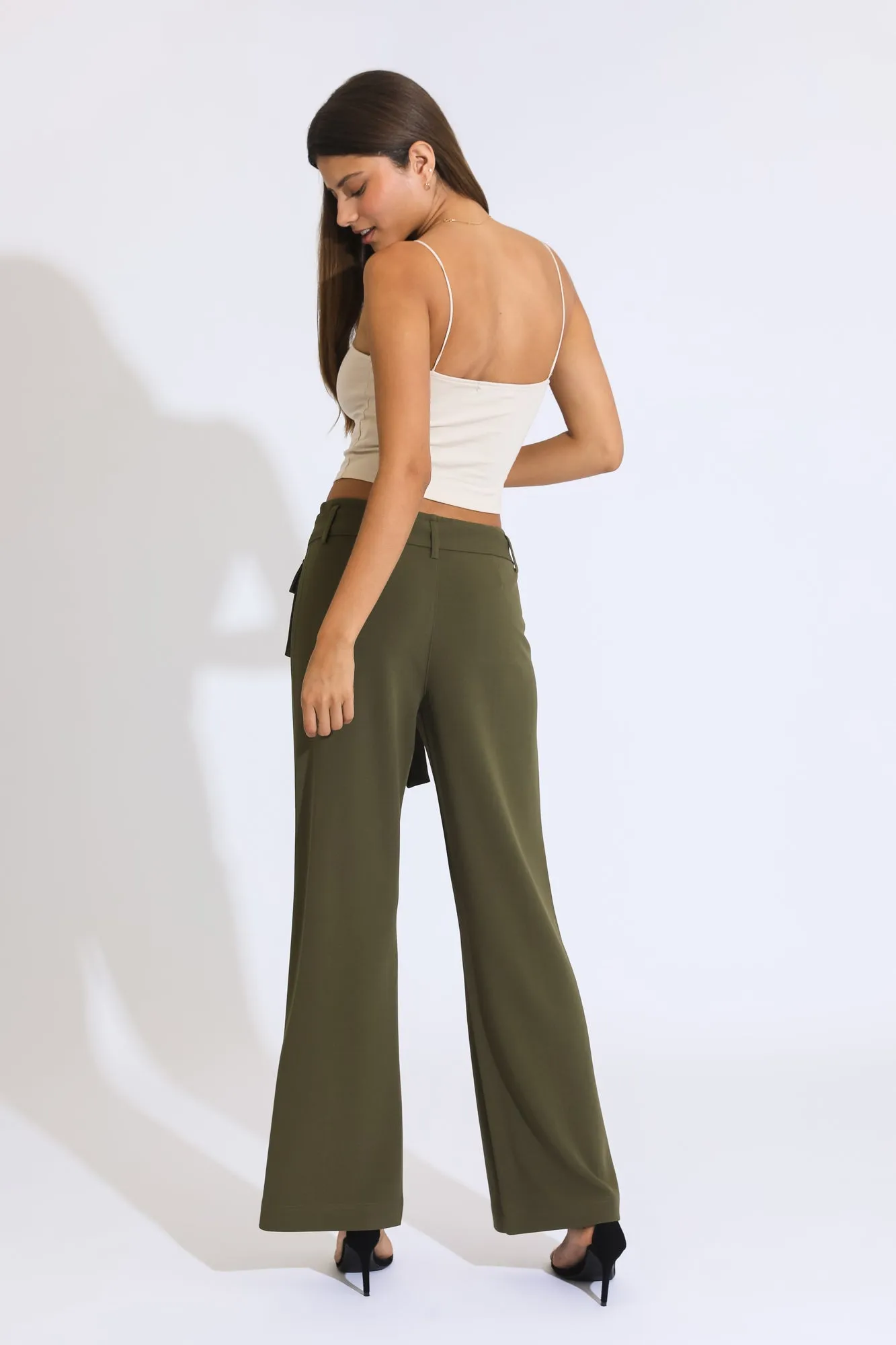 Self Tie High Rise Wide Leg Trousers - Sea Kelp