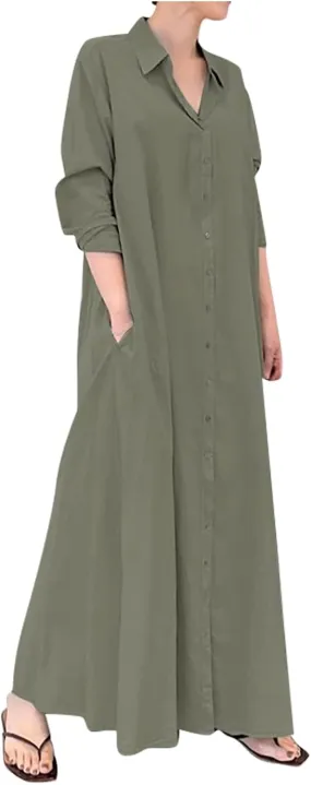 Women Lapel Long Sleeve Shirt Dress Plus Size Autumn Split Button Maxi Sundress Large   S340079