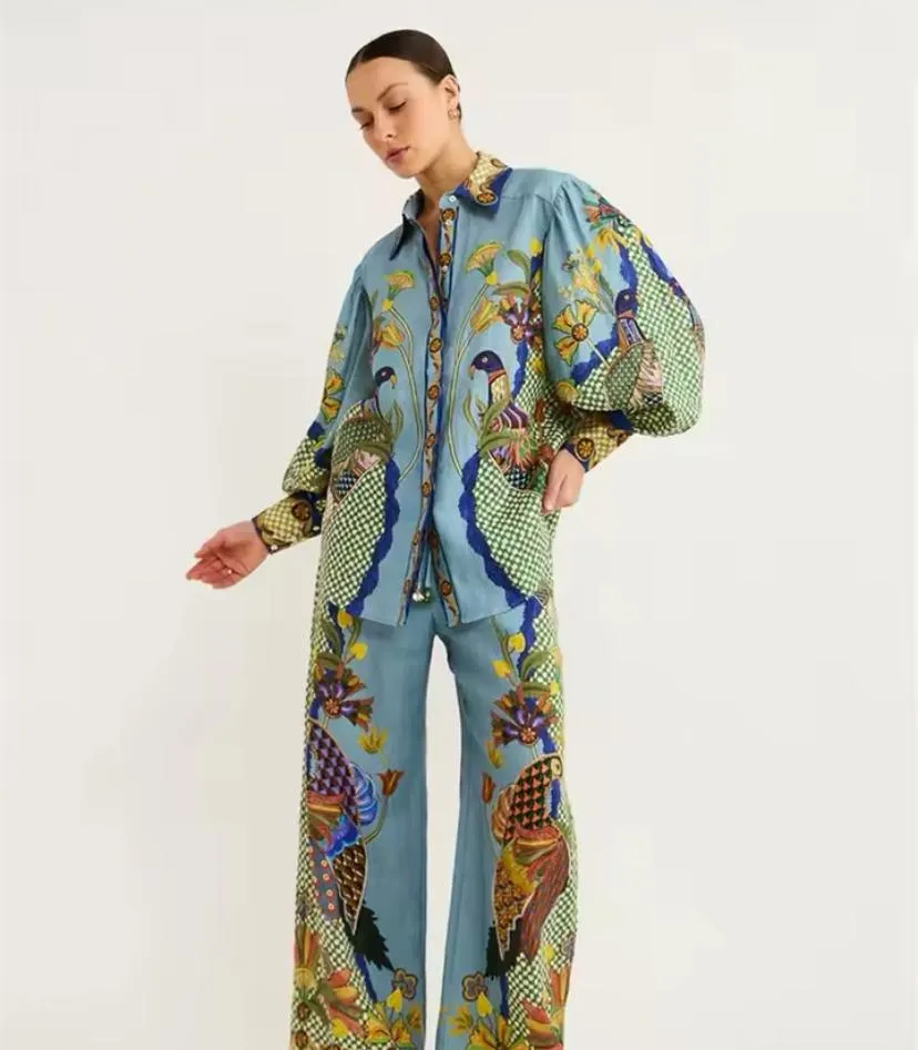 Women's Long Sleeve Single Breasted Suits, Casual Printed Satin Pants 09001