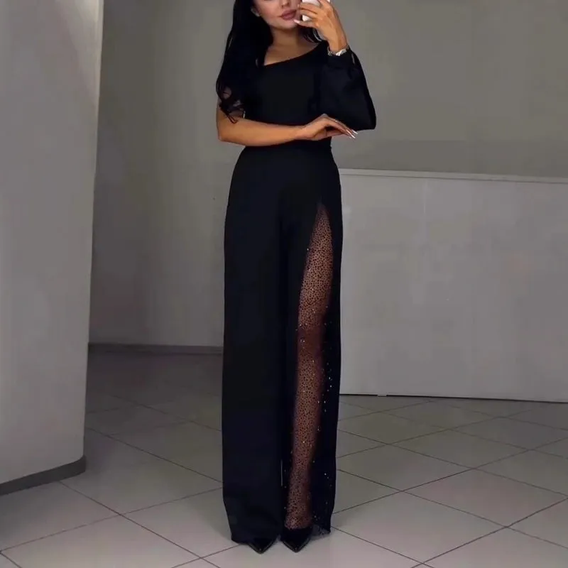Women's One Shoulder Glitter Mesh Flared Jumpsuit