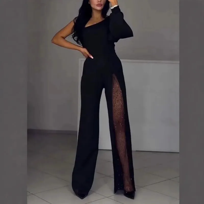 Women's One Shoulder Glitter Mesh Flared Jumpsuit